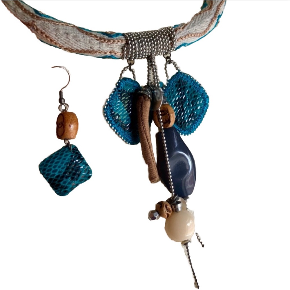 Tribal Look Choker & Earrings Turquoise Wood Boho